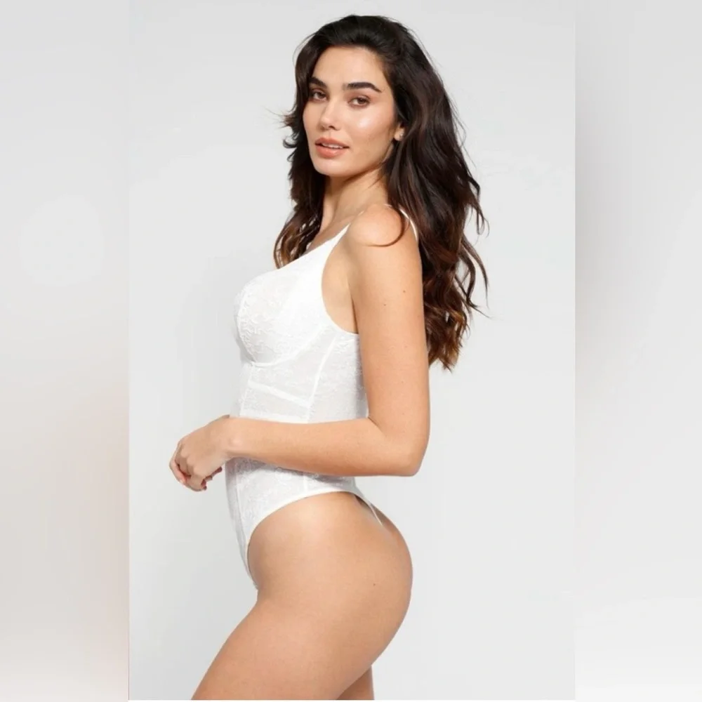 Popilush Shapewear Lace Deep V-Neck Low Back Hourglass Thong Bodysuit - Picture 3 of 7